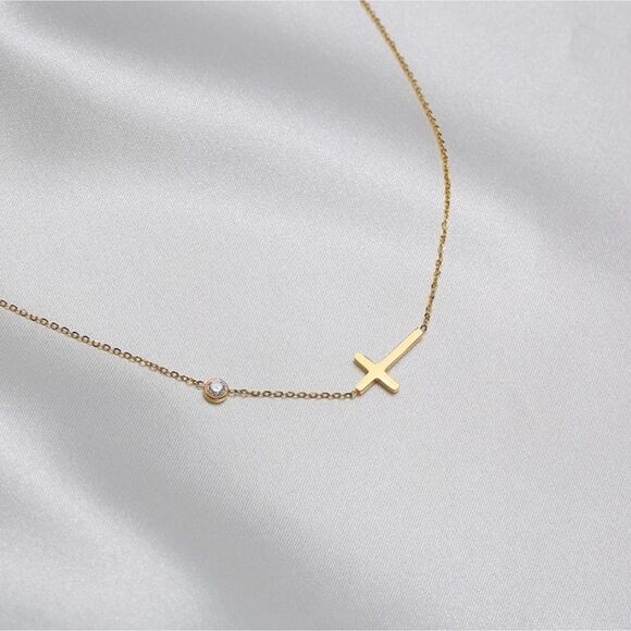 Gold Sideways Cross Necklace Cubic Zirconia Charm - Picture 2 of 8